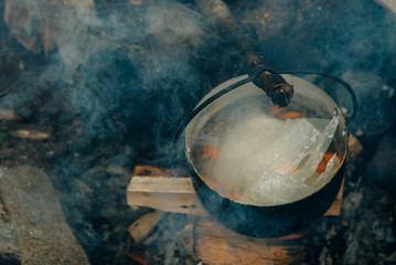 bonfire with a pot in the woods