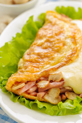 Fried omelet stuffed with ham, mushrooms and cheese
