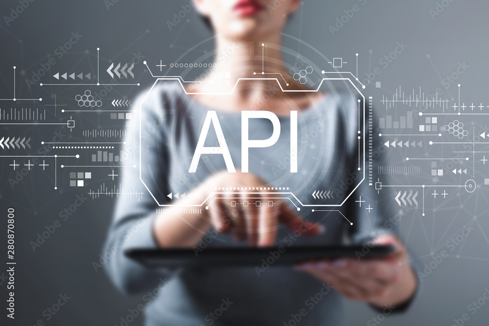 Poster api concept with business woman using a tablet computer
