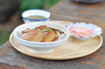 rice topped with pork or pork stew, Japanese food