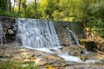 Amazing waterfalls at the Val Vertova river. Vertova,Bergamo, Italy