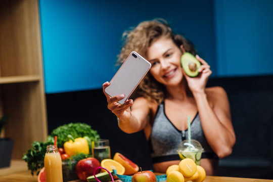 Healthy green eat, selfie girl taking picture or video vlog for social network of clean food diet for instagram stories.