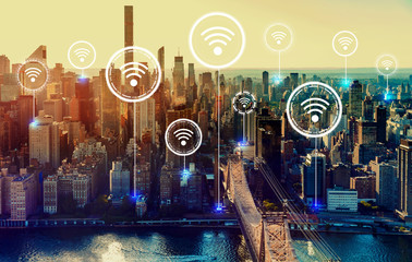 Wifi theme with the New York City skyline near midtown - obrazy, fototapety, plakaty
