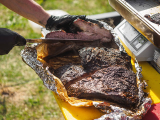 Brisket bbq smoked beef sliced in foil