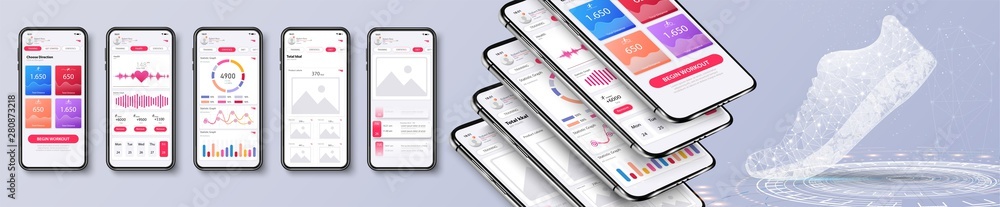 Poster Different UI, UX, GUI screens fitness app and flat web icons for mobile apps, responsive website including. Web design and mobile template. Fitness interface design for mobile application. Vector