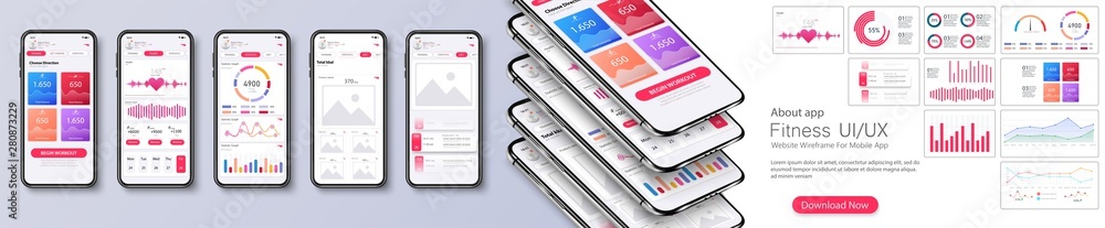 Poster different ui, ux, gui screens fitness app and flat web icons for mobile apps, responsive website inc