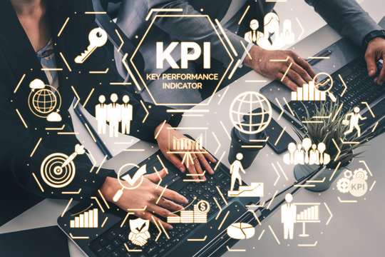 KPI Key Performance Indicator For Business Concept - Modern Graphic Interface Showing Symbols Of Job Target Evaluation And Analytical Numbers For Marketing KPI Management.