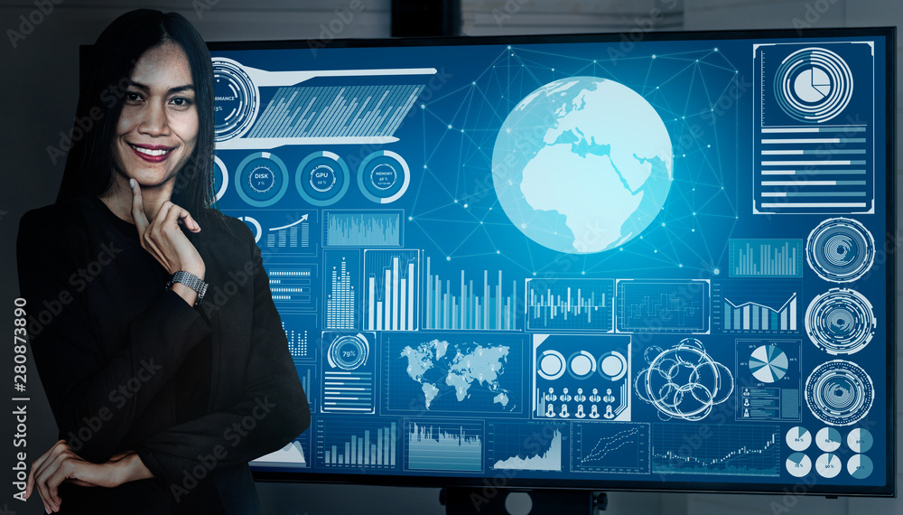 Poster data analysis for business and finance concept. graphic interface showing future computer technology