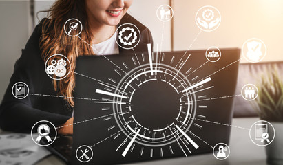Quality Assurance and Quality Control Concept - Modern graphic interface showing certified standard...