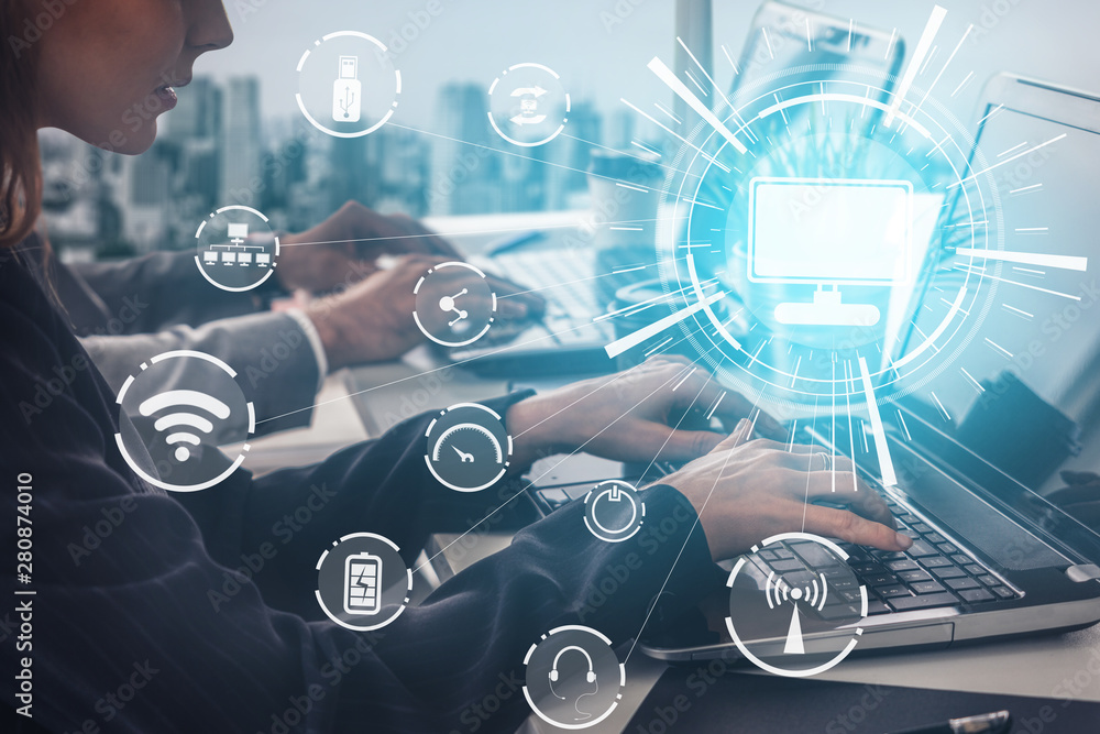 Poster multimedia and computer applications concept. business people using technology of digital gadget wit