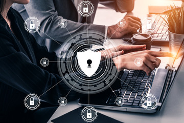 Cyber Security and Digital Data Protection Concept. Icon graphic interface showing secure firewall...