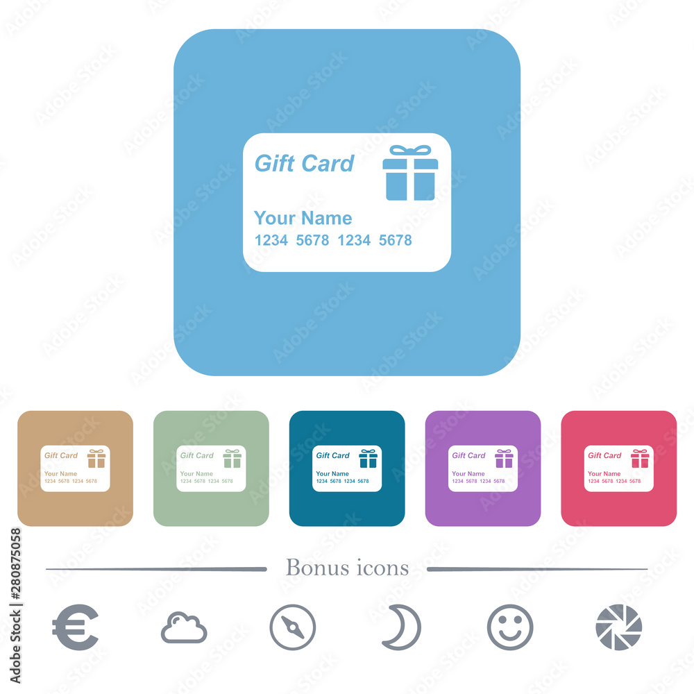 Poster gift card with name and numbers flat icons on color rounded square backgrounds