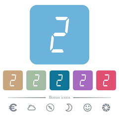 digital number two of seven segment type flat icons on color rounded square backgrounds