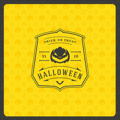 Halloween greeting card or banner retro typographic template design with pumpkin silhouette vector illustration
