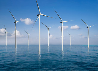 Wind turbine farm power generator in beautiful nature landscape for production of renewable green...