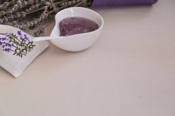the lavender jam on wooden background with pouch  for kitchen service concept