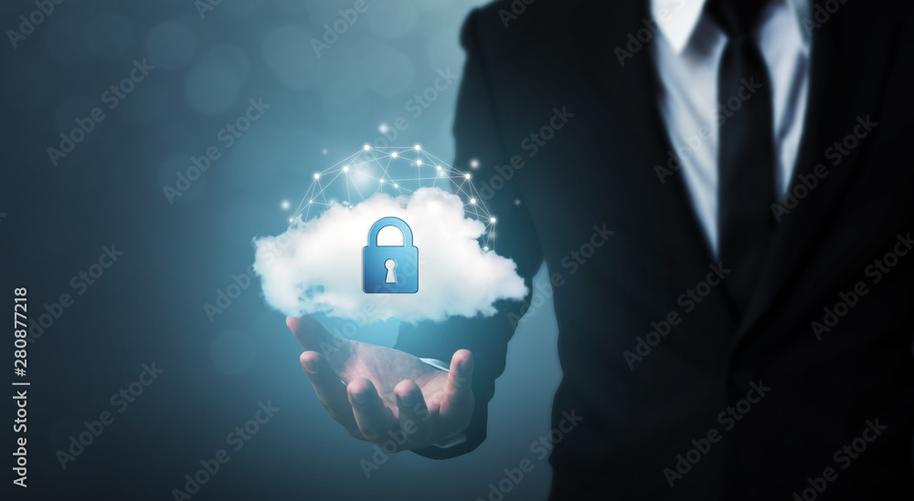 Aufkleber protection cloud computing network security computer and safe your data concept. businessman holding