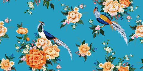 Beautiful seamless pattern with diamond pheasant sitting on peony branch with blooming sakura,plum and daisies for summer dress in Chinese style © Maria