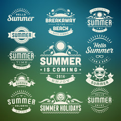 Summer design elements and symbols typographic labels and badges set vector illustration.