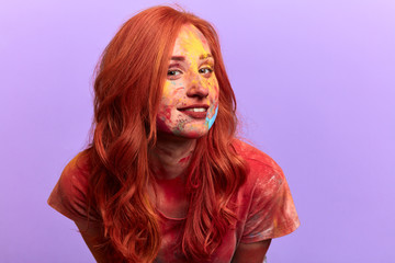 Fototapeta premium charming positive hipster showing her creative makeup, cosmetic concept. beauty, girl advertising the colorful powder