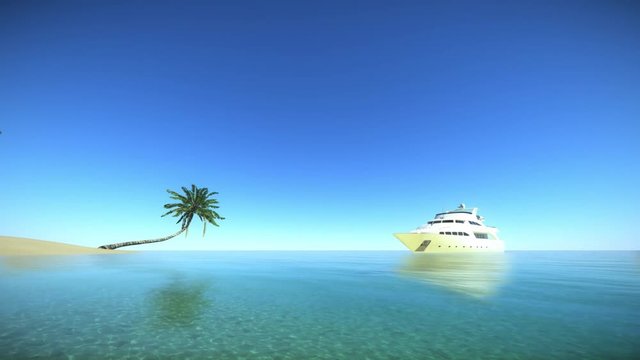 SMALL SHIP CRUISING HOLIDAYS IN A TROPICAL ISLAND, A ship in tropical island,3D animation of the tropical island coast in a calming day, Holidays in the tropical paradise in the ocean, 3d render,loop