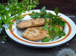 Lunch of meatless meatballs with green aromatic herbs