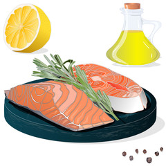 Raw salmon fillets with herbs on wooden desk. White background. Vector illustration