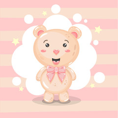 Obraz na płótnie Canvas Cute baby bear with pink bow and stars