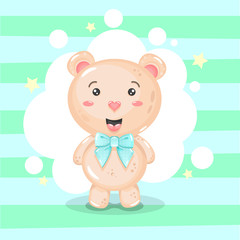 Fototapeta na wymiar Cute baby bear with blue bow and stars