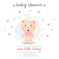 Cute bear with balloon. Baby shower invitation.