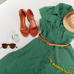 girl's clothes which she has bought on sale in the shopping mall. top view cropped photo. style,...
