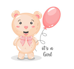 Obraz na płótnie Canvas Cute bear girl with balloon. It's a girl.