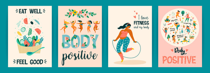 Fototapeta premium Body positive. Vector templates. Happy plus size girls and active healthy lifestyle.
