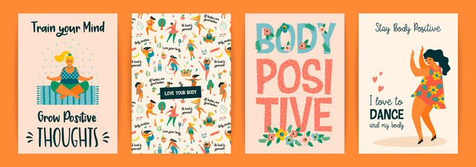 Body positive. Vector templates. Happy plus size girls and active healthy lifestyle.