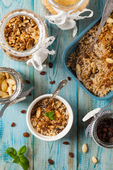 Traditional, mexican baked sweet rice, with almonds, raisins and walnuts.