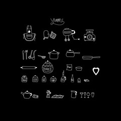 Set di icone per la cucina bianche su sfondo nero