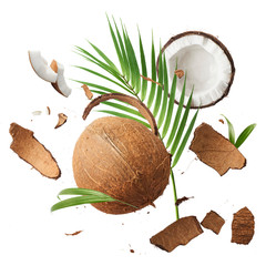 Flying in air fresh ripe whole and cracked coconut with palm leave