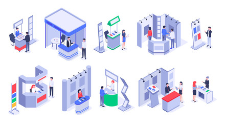 Isometric sale stands. Expo demonstration stand, product exhibition trade stalls and events people. Business trade show, mall marketing event demonstrations stands. Isolated 3d icons vector set