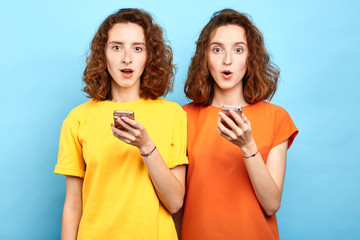 surprised emotional twins with wide open mouth and bugged eyes holding smart phones and looking at the camera. sale, business, free message, double discounts - obrazy, fototapety, plakaty