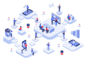 Isometric work team. Cloud workplaces platforms, modern teams workflow process and development company startup. Business technology work achievements, cowork offices 3d vector illustration
