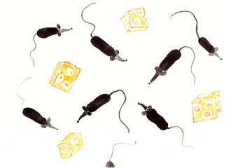 Drawing with gouache: mice and pieces of cheese.