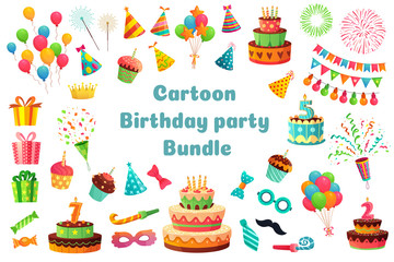 Cartoon birthday party bundle. Sweet celebration cupcakes, colorful balloons and birthday gifts. Delicious dessert cakes, princess carnival items. Isolated vector illustration signs set - obrazy, fototapety, plakaty