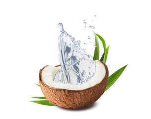 Cracked coconut with water splashes isolated on white