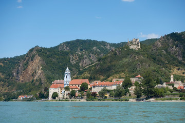 The village Dürnstein in the Wachau with the Danube river in the foreground