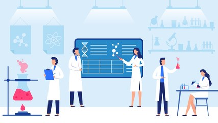Science laboratory. Scientific lab equipments, professional scientific research and scientist workers. Medical researchers laboratory, biology scientists or doctor vector illustration - obrazy, fototapety, plakaty