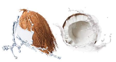 Creative Collection set with Flying in air fresh ripe whole and cracked coconut with milk splashes