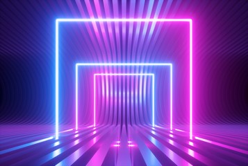 3d render, pink blue violet neon abstract background with glowing square shapes, ultraviolet light, laser show performance stage, floor reflection, blank rectangular frame gates