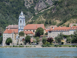 The village Dürnstein in the Wachau with the Danube river in the foreground