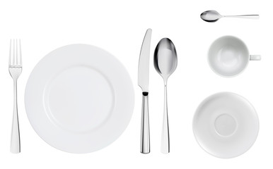 Table setting realistic top view with modern cutlery set serving. Realistic spoon, fork, knife and dish plate closeup.