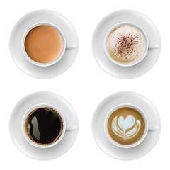 3d realistic different sorts of coffee in white cups view from the top and side. Cappuccino latte americano espresso cocoa in realistic cups.